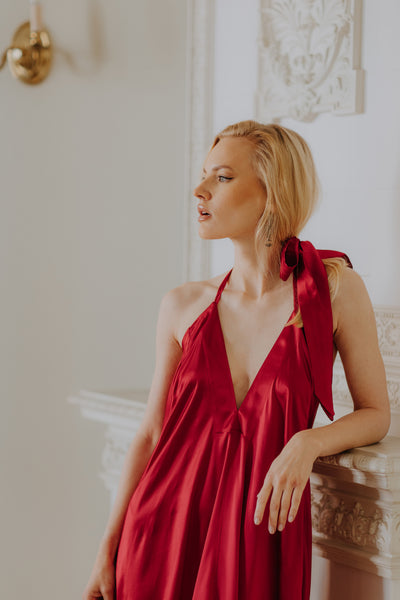 Mulberry silk Trapeze Silhouette Maxi Dress with Long Straps – One Size Fits Most