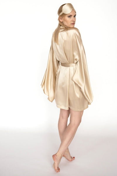 Short Mulberry silk kimono robe Champagne